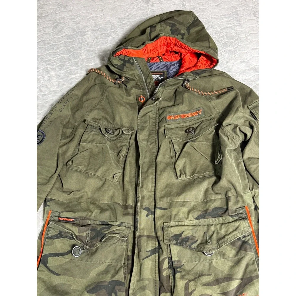 Superdry Rookie Edition Mens Camo Military Field Jacket Green Orange Hooded M